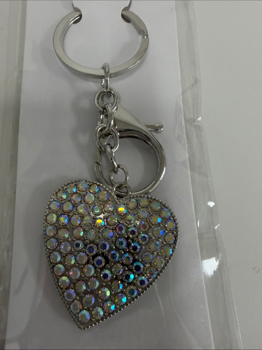 Ella Iridescent Crystal Heart Keychain - Silver